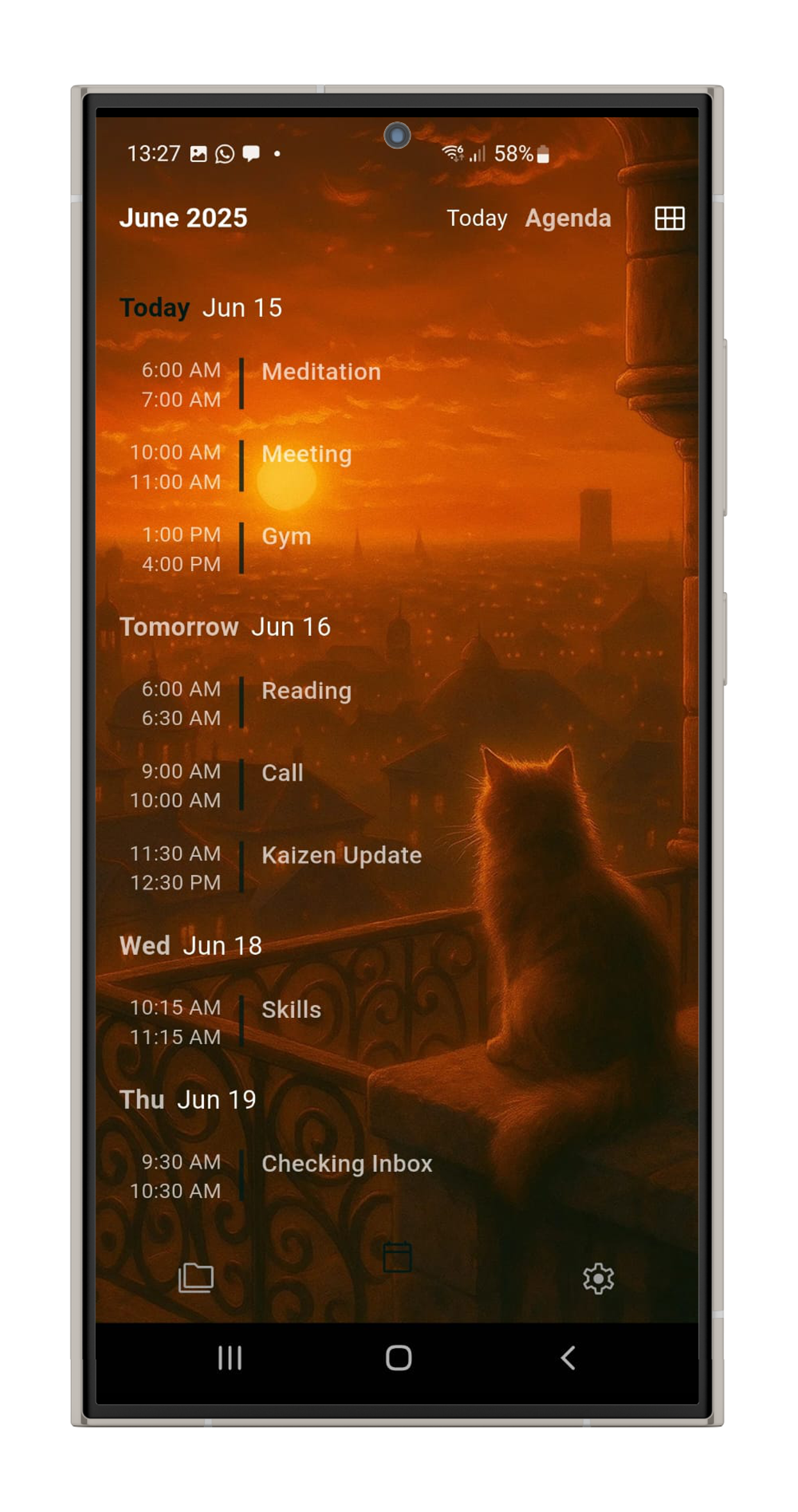 Screenshot of the Kaizen Agenda View, showing a clean, focused list of upcoming tasks.